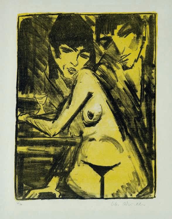 Otto Mueller, Paar am Tisch (Selbstbildnis mit Mascha; Absinthtrinkerin), 1922-1925, Farblithografie © Galerie Nierendorf